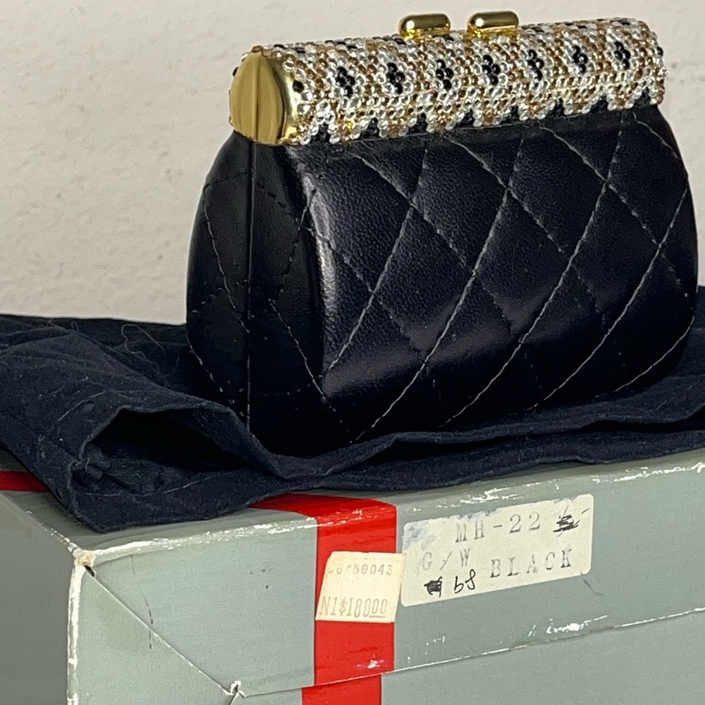 90s Beaded Rhinestone Clasp Quilted Black Leather Mini Bag Purse Chain Strap - Picture 6 of 16